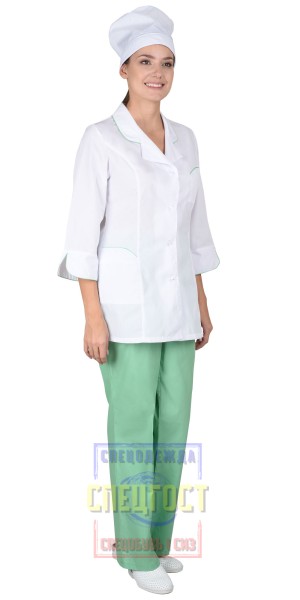 Костюм "АРТ. 10863" женский: куртка, брюки, колпак белый с салатовым