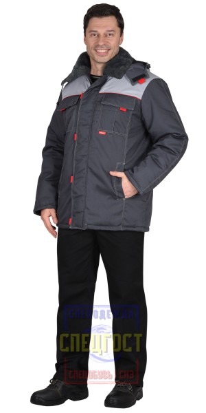 Куртка "АРТ. 58029" зим. удл. цвет, т.серый со св. серым, мех ворот